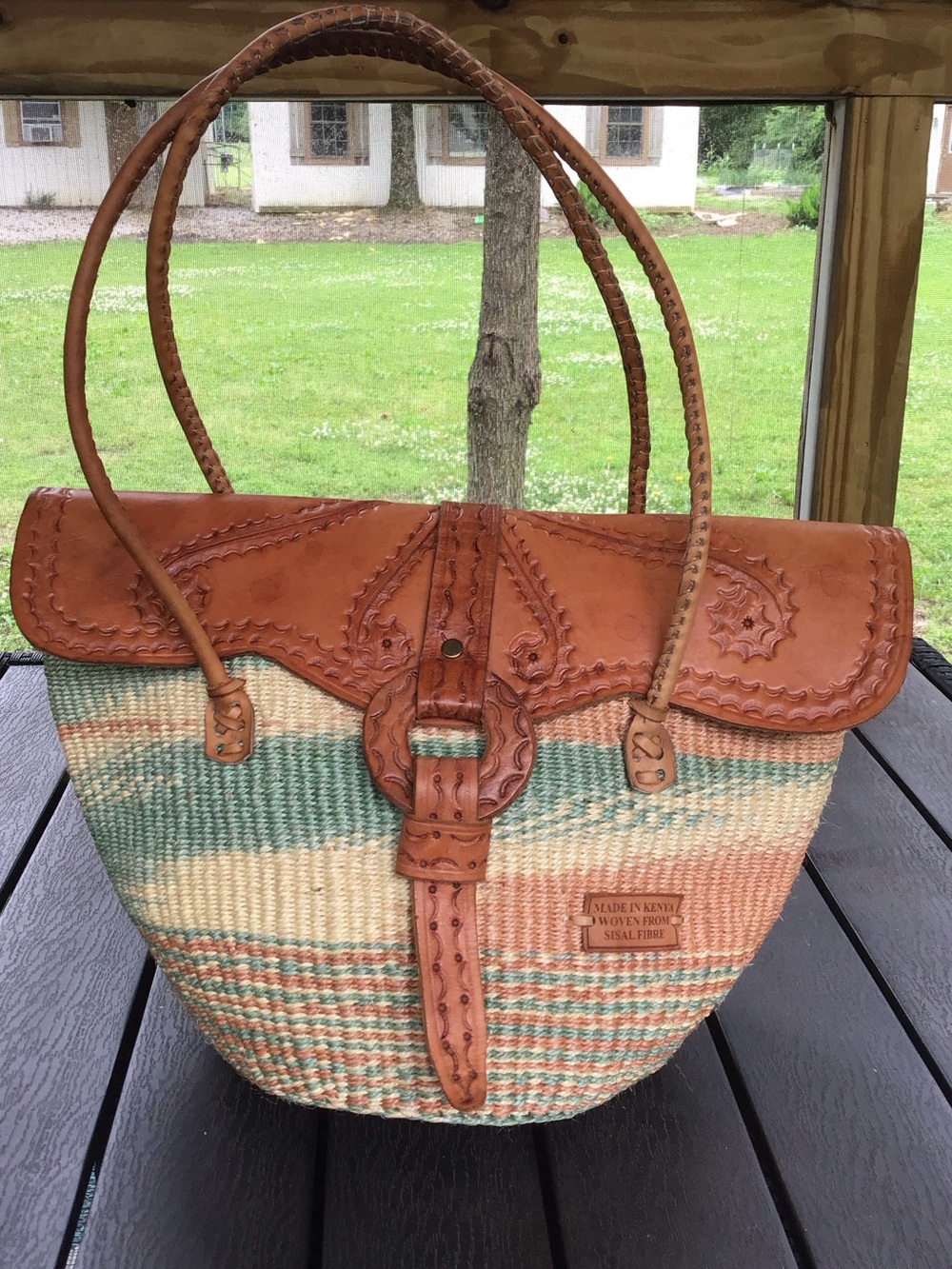 Made in Kenya Woven From Sisal Fibre Tote with Leather Trim - Tan & Green Coral